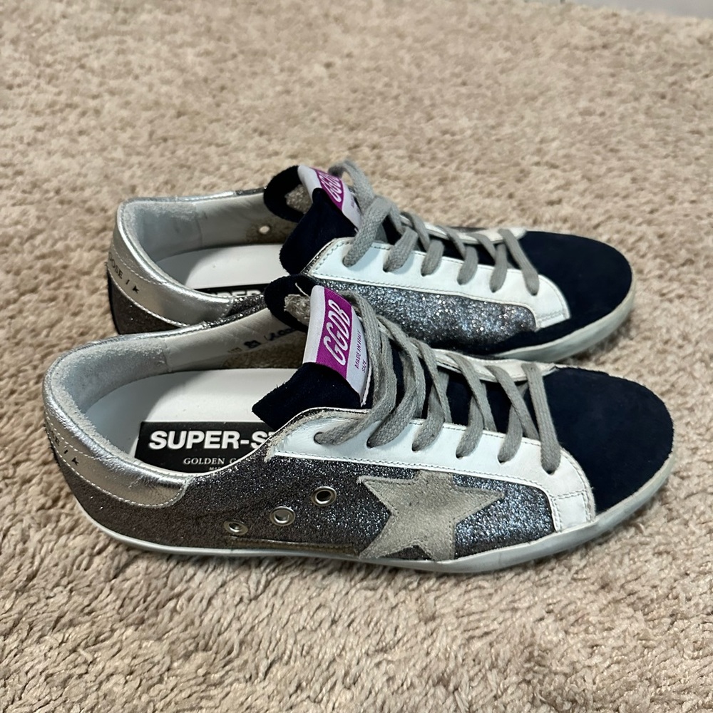 Golden Goose Silver Glitter & Navy Suede Super-Star Sneakers